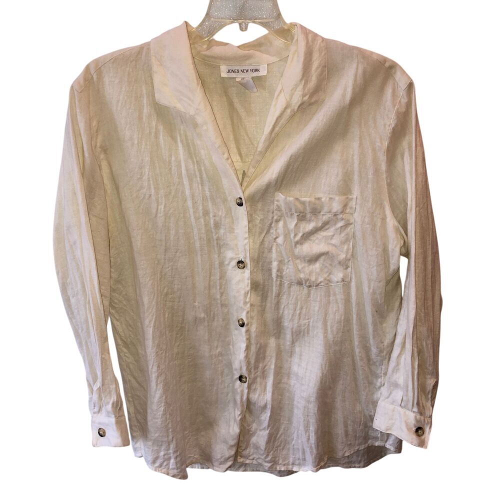 Jones New York Womens 14W Cream 100% Linen Long Sleeve Button Up Shirt Top 14